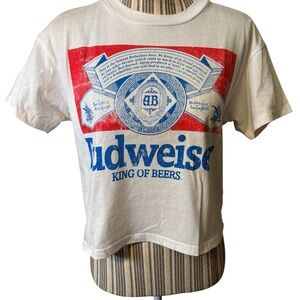 Budweiser Tee Medium White Cropped Brew City Red Banner & Blue Logo Cotton Poly